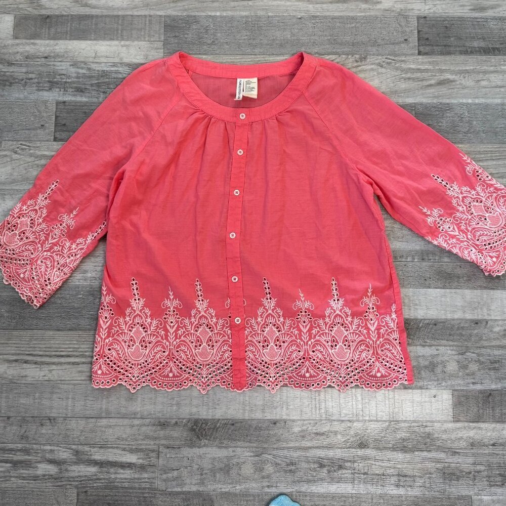 Forgotten Grace pink embroidered lace 3/4 sleeve button down size medium 021